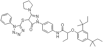 2-(2,4-Bis(1,1-dimethylpropyl)phenoxy)-N-(4-(4,5-dihydro-5-oxo-4-((1-phenyl-1H-tetrazol-5-yl)thio)-3-(1-pyrrolidinyl)-1H-pyrazol-1-yl)phenyl)butanamideStructure,30818-18-9Structure 2-(2,4-Bis(1,1-dimethylpropyl)phenoxy)-N-(4-(4,5-dihydro-5-oxo-4-((1-phenyl-1H-tetrazol-5-yl)thio)-3-(1-pyrrolidinyl)-1H-pyrazol-1-yl)phenyl)butanamide Structure,30818-18-9Structure