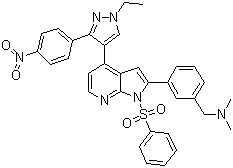 1-(3-(4-(1-乙基-3-(4-硝基苯基)-1H-吡唑-4-基)-1-(苯基磺?；?-1H-吡咯并[2,3-b]吡啶-2-基)苯基)-N,N-二甲基甲胺結(jié)構(gòu)式_942920-68-5結(jié)構(gòu)式